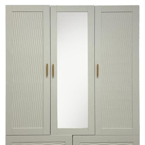 HomeRoots 75" Elegant White Ribbed Texture Wood Combo Dresser with Mirrored Doors & Gold Pulls for Storage 617963