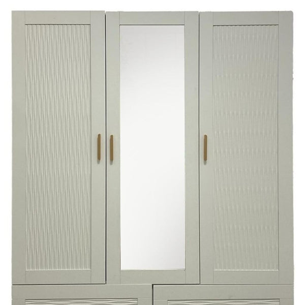 HomeRoots 75" Elegant White Ribbed Texture Wood Combo Dresser with Mirrored Doors & Gold Pulls for Storage 617963