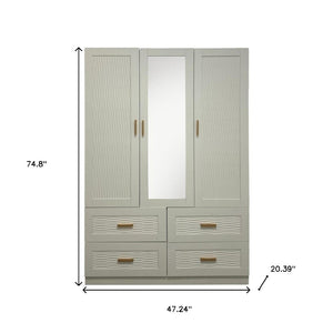 HomeRoots 75" Elegant White Ribbed Texture Wood Combo Dresser with Mirrored Doors & Gold Pulls for Storage 617963
