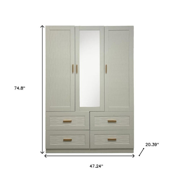 HomeRoots 75" Elegant White Ribbed Texture Wood Combo Dresser with Mirrored Doors & Gold Pulls for Storage 617963
