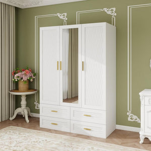 HomeRoots 75" Elegant White Ribbed Texture Wood Combo Dresser with Mirrored Doors & Gold Pulls for Storage 617963