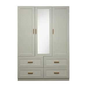 HomeRoots 75" Elegant White Ribbed Texture Wood Combo Dresser with Mirrored Doors & Gold Pulls for Storage 617963