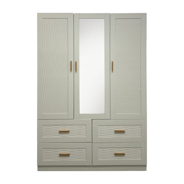 HomeRoots 75" Elegant White Ribbed Texture Wood Combo Dresser with Mirrored Doors & Gold Pulls for Storage 617963