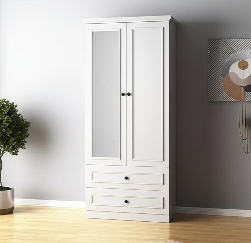 HomeRoots 71" White Wood Mirrored Combo Dresser – Stylish Storage Solution with Two Doors and Drawers! 617965