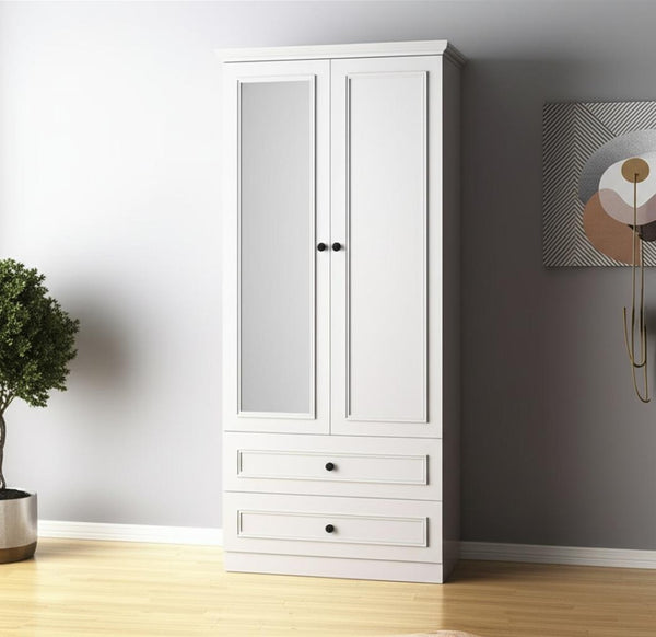 HomeRoots 71" White Wood Mirrored Combo Dresser – Stylish Storage Solution with Two Doors and Drawers! 617965