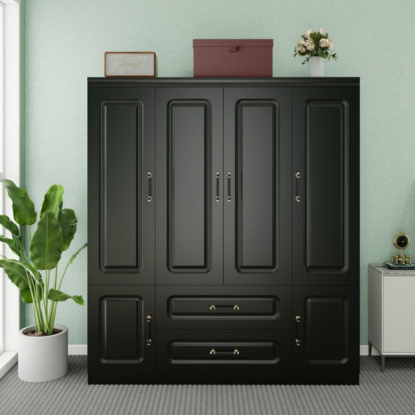 HomeRoots 71" Black Wood Multi-Purpose Storage Combo Dresser with Six Doors & Two Drawers for Versatile Organization 617968