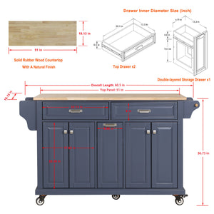 English Elm Kitchen Island Rubber Wood Countertop Mobile Cart with Towel & Spice Racks, Drawers, Storage Wheels Blue W914P147993