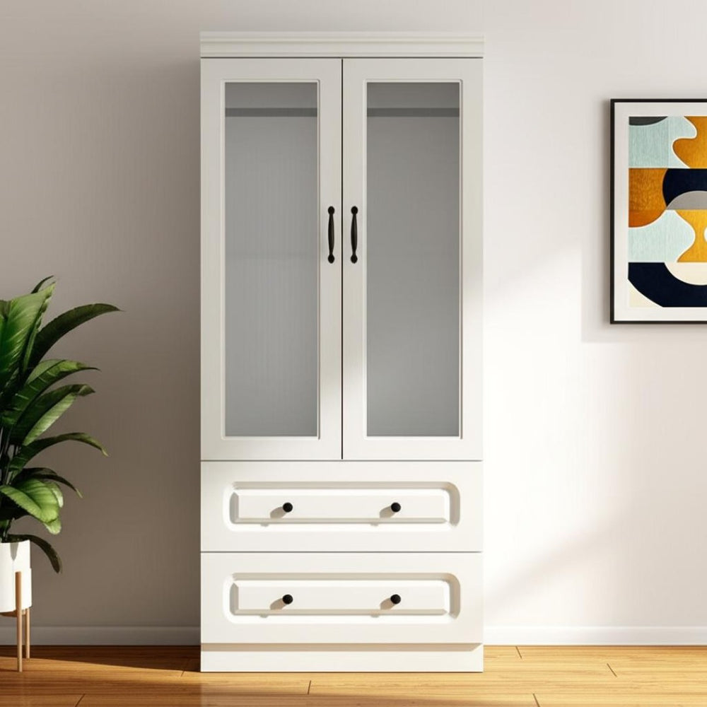 HomeRoots 71" White Wood Combo Dresser with Ribbed Glass Doors – Stylish Storage Solution for Any Room 617971