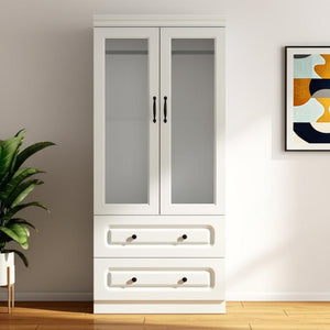 HomeRoots 71" White Wood Combo Dresser with Ribbed Glass Doors – Stylish Storage Solution for Any Room 617971