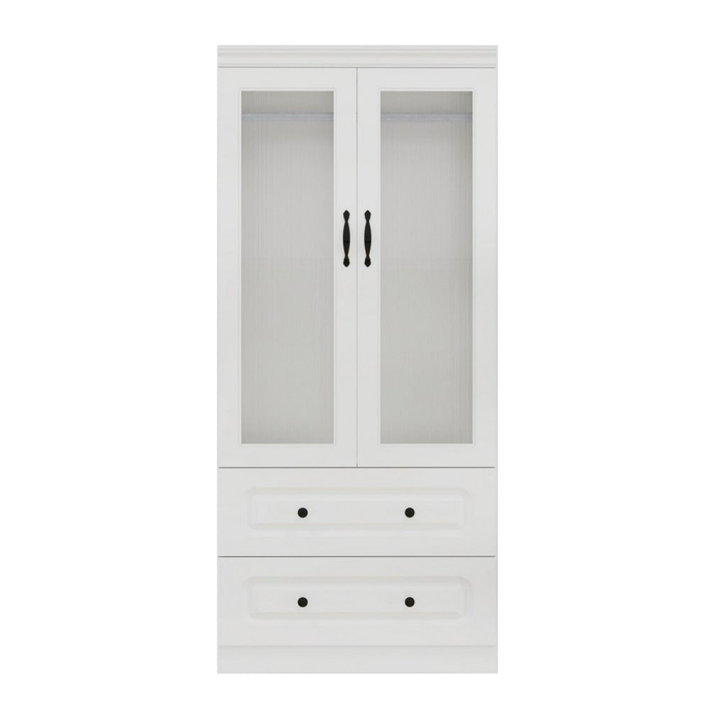 HomeRoots 71" White Wood Combo Dresser with Ribbed Glass Doors – Stylish Storage Solution for Any Room 617971