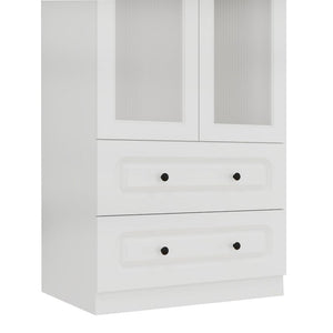 HomeRoots 71" White Wood Combo Dresser with Ribbed Glass Doors – Stylish Storage Solution for Any Room 617971
