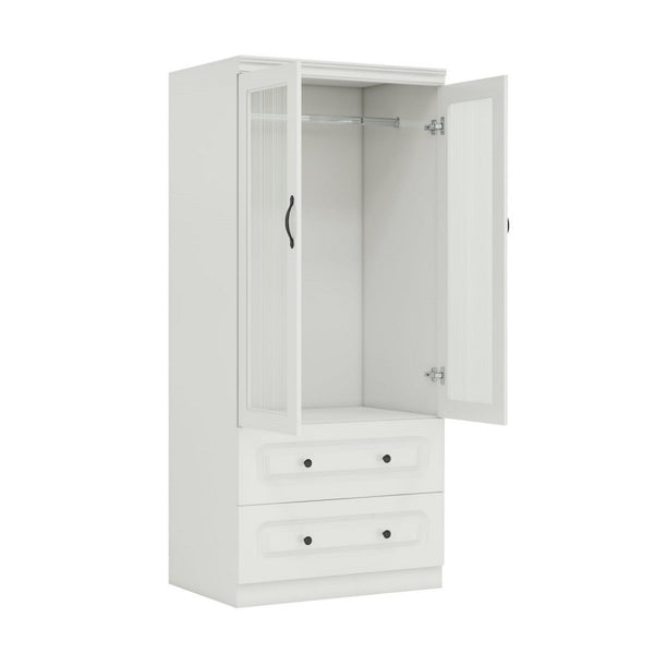 HomeRoots 71" White Wood Combo Dresser with Ribbed Glass Doors – Stylish Storage Solution for Any Room 617971