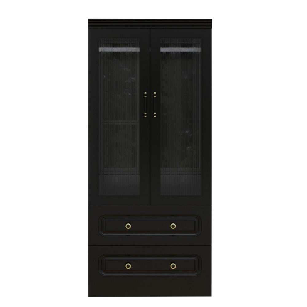 HomeRoots 71" Black Wood Combo Dresser with Ribbed Glass Doors – Stylish Storage Solution for Any Space 617972