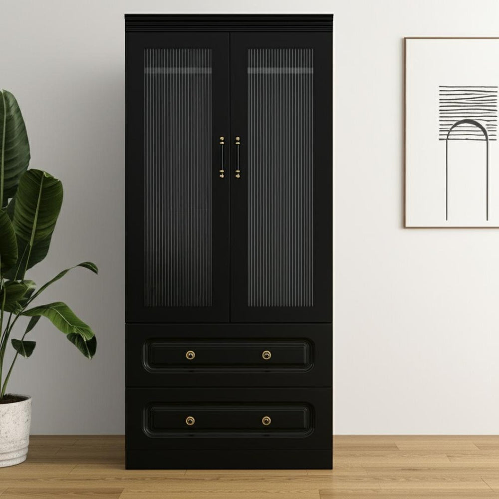 HomeRoots 71" Black Wood Combo Dresser with Ribbed Glass Doors – Stylish Storage Solution for Any Space 617972