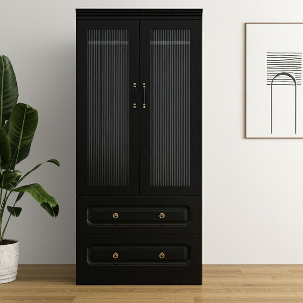 HomeRoots 71" Black Wood Combo Dresser with Ribbed Glass Doors – Stylish Storage Solution for Any Space 617972