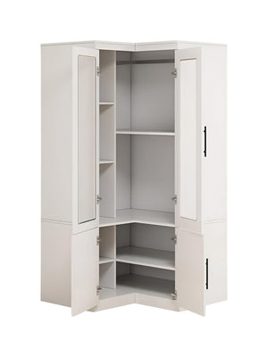 HomeRoots 71" White Wood Corner Combo Dresser - Stylish Storage Solution with Mirror, 4 Doors & 9 Shelves! 617973