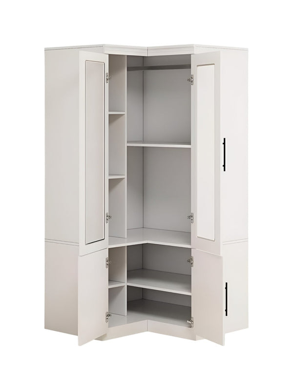 HomeRoots 71" White Wood Corner Combo Dresser - Stylish Storage Solution with Mirror, 4 Doors & 9 Shelves! 617973