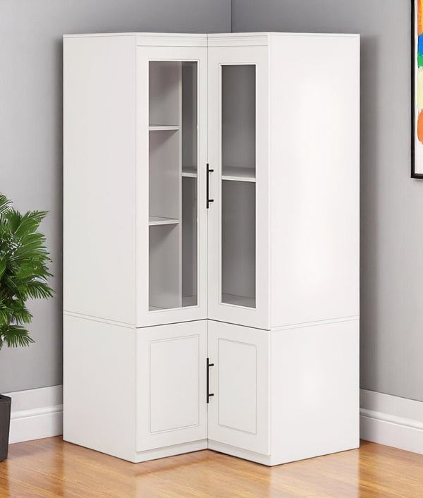 HomeRoots 71" White Wood Corner Combo Dresser - Stylish Storage Solution with Mirror, 4 Doors & 9 Shelves! 617973