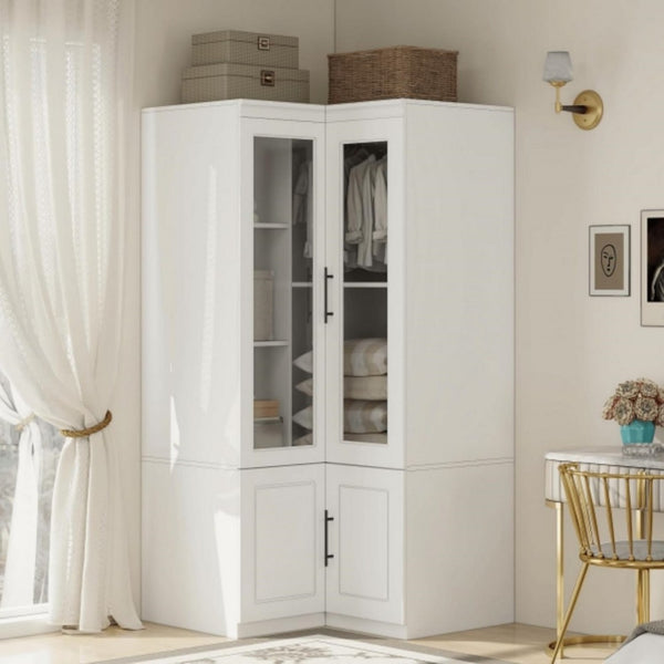 HomeRoots 71" White Wood Corner Combo Dresser - Stylish Storage Solution with Mirror, 4 Doors & 9 Shelves! 617973