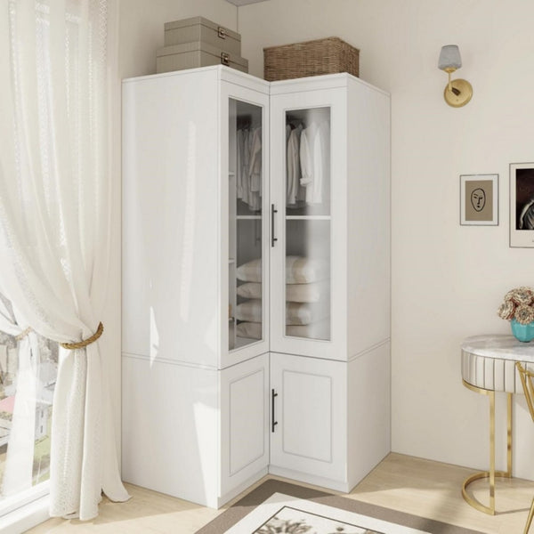 HomeRoots 71" White Wood Corner Combo Dresser - Stylish Storage Solution with Mirror, 4 Doors & 9 Shelves! 617973