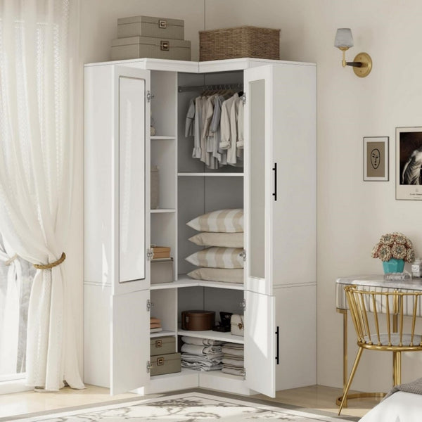 HomeRoots 71" White Wood Corner Combo Dresser - Stylish Storage Solution with Mirror, 4 Doors & 9 Shelves! 617973