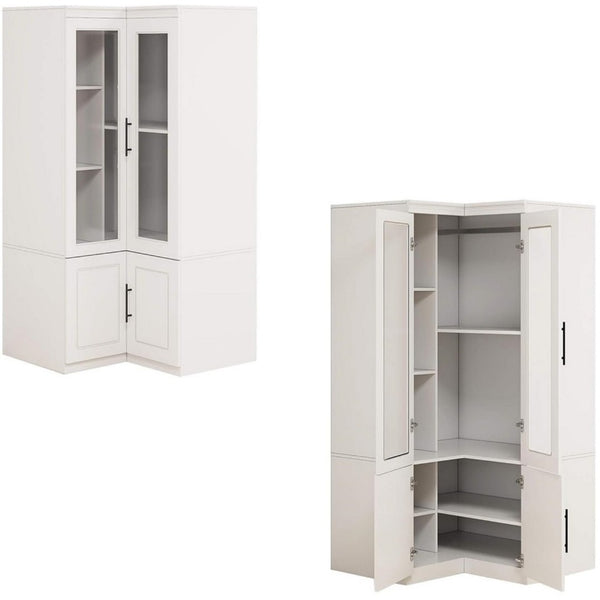 HomeRoots 71" White Wood Corner Combo Dresser - Stylish Storage Solution with Mirror, 4 Doors & 9 Shelves! 617973