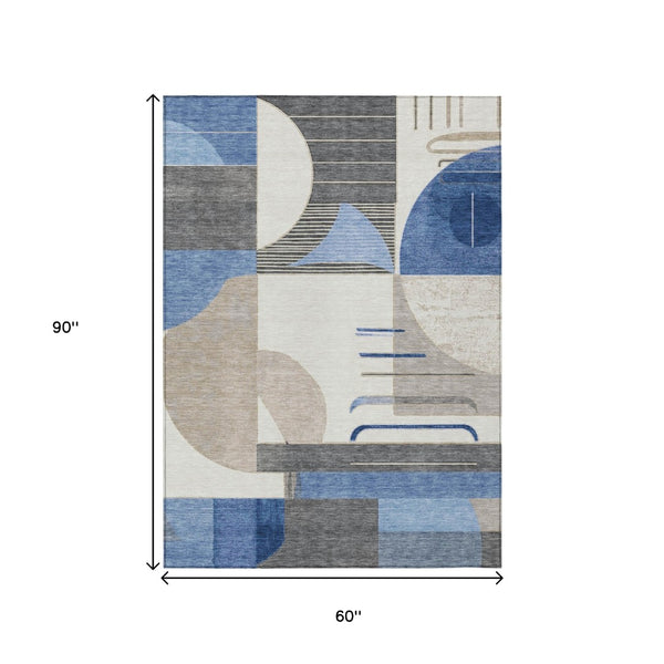 HomeRoots 5' Stylish Blue Gray and Ivory Geometric Area Rug - Modern Washable Design for Indoor/Outdoor Use 5' X 8' 617975