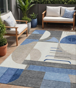 HomeRoots 5' Stylish Blue Gray and Ivory Geometric Area Rug - Modern Washable Design for Indoor/Outdoor Use 5' X 8' 617975