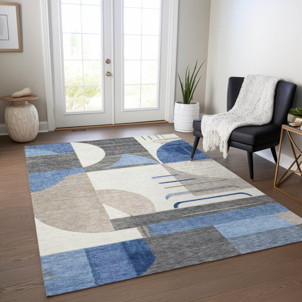 HomeRoots 5' Stylish Blue Gray and Ivory Geometric Area Rug - Modern Washable Design for Indoor/Outdoor Use 5' X 8' 617975