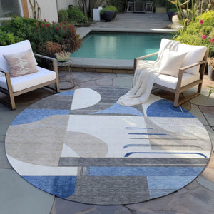 HomeRoots 5' Stylish Blue Gray and Ivory Geometric Area Rug - Modern Washable Design for Indoor/Outdoor Use 8' Round 617976