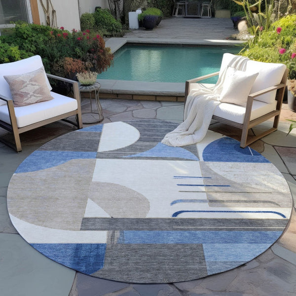HomeRoots 5' Stylish Blue Gray and Ivory Geometric Area Rug - Modern Washable Design for Indoor/Outdoor Use 8' Round 617976