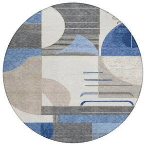 HomeRoots 5' Stylish Blue Gray and Ivory Geometric Area Rug - Modern Washable Design for Indoor/Outdoor Use 8' Round 617976