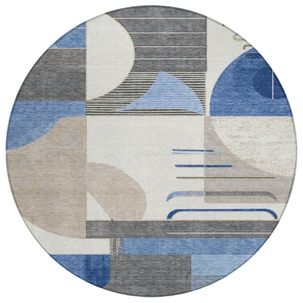 HomeRoots 5' Stylish Blue Gray and Ivory Geometric Area Rug - Modern Washable Design for Indoor/Outdoor Use 8' Round 617976