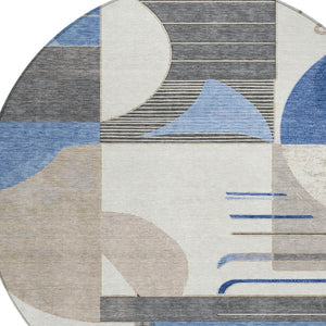 HomeRoots 5' Stylish Blue Gray and Ivory Geometric Area Rug - Modern Washable Design for Indoor/Outdoor Use 8' Round 617976