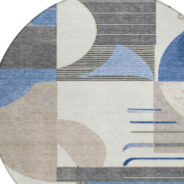 HomeRoots 5' Stylish Blue Gray and Ivory Geometric Area Rug - Modern Washable Design for Indoor/Outdoor Use 8' Round 617976