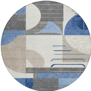 HomeRoots 5' Stylish Blue Gray and Ivory Geometric Area Rug - Modern Washable Design for Indoor/Outdoor Use 8' Round 617976