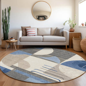 HomeRoots 5' Stylish Blue Gray and Ivory Geometric Area Rug - Modern Washable Design for Indoor/Outdoor Use 8' Round 617976