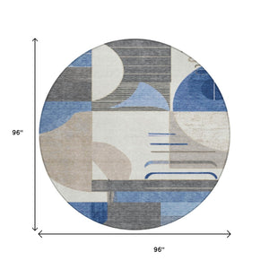 HomeRoots 5' Stylish Blue Gray and Ivory Geometric Area Rug - Modern Washable Design for Indoor/Outdoor Use 8' Round 617976