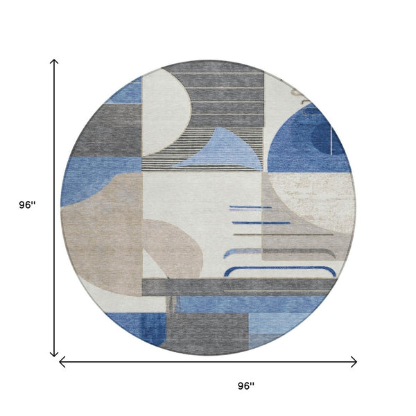 HomeRoots 5' Stylish Blue Gray and Ivory Geometric Area Rug - Modern Washable Design for Indoor/Outdoor Use 8' Round 617976