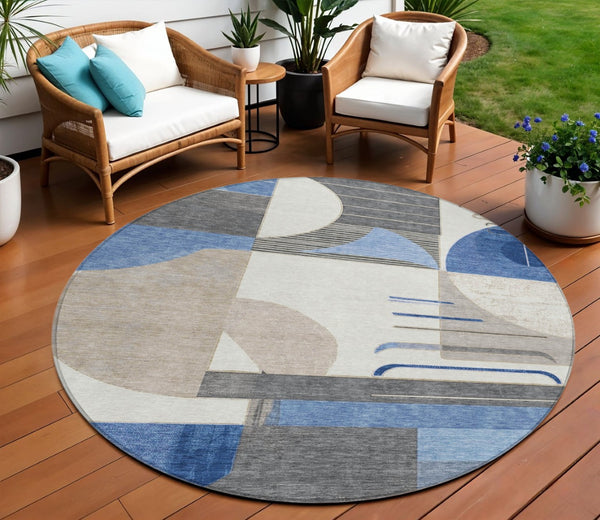 HomeRoots 5' Stylish Blue Gray and Ivory Geometric Area Rug - Modern Washable Design for Indoor/Outdoor Use 8' Round 617976