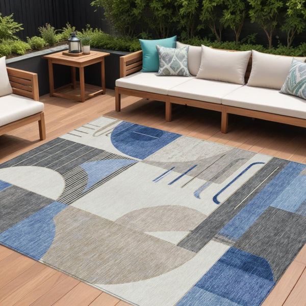 HomeRoots 5' Stylish Blue Gray and Ivory Geometric Area Rug - Modern Washable Design for Indoor/Outdoor Use 8' X 10' 617977