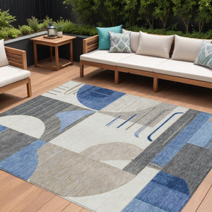 HomeRoots 5' Stylish Blue Gray and Ivory Geometric Area Rug - Modern Washable Design for Indoor/Outdoor Use 9' X 12' 617978