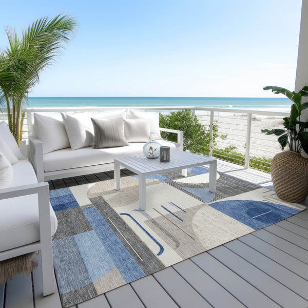 HomeRoots 5' Stylish Blue Gray and Ivory Geometric Area Rug - Modern Washable Design for Indoor/Outdoor Use 9' X 12' 617978