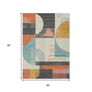 HomeRoots 5' Gray Gold and Salmon Geometric Area Rug - Stylish, Washable, Durable for Indoor and Outdoor Use 5' X 8' 617981