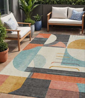 HomeRoots 5' Gray Gold and Salmon Geometric Area Rug - Stylish, Washable, Durable for Indoor and Outdoor Use 5' X 8' 617981