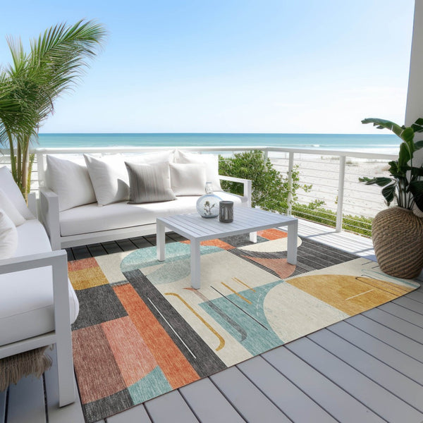 HomeRoots 5' Gray Gold and Salmon Geometric Area Rug - Stylish, Washable, Durable for Indoor and Outdoor Use 5' X 8' 617981
