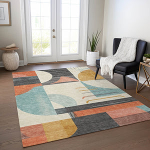 HomeRoots 5' Gray Gold and Salmon Geometric Area Rug - Stylish, Washable, Durable for Indoor and Outdoor Use 5' X 8' 617981