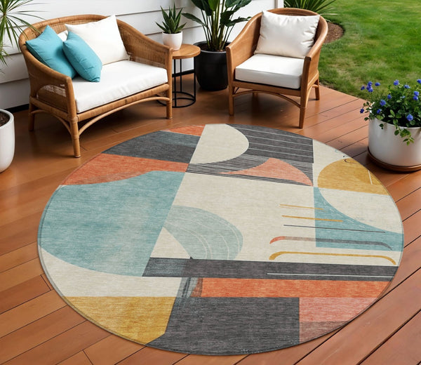 HomeRoots 5' Gray Gold and Salmon Geometric Area Rug - Stylish, Washable, Durable for Indoor and Outdoor Use 8' Round 617982