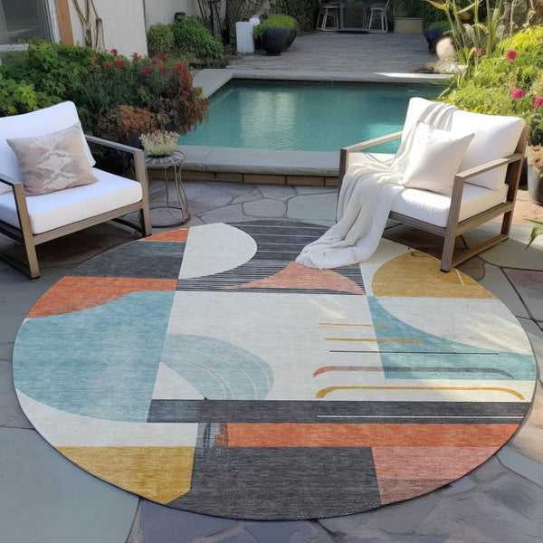 HomeRoots 5' Gray Gold and Salmon Geometric Area Rug - Stylish, Washable, Durable for Indoor and Outdoor Use 8' Round 617982
