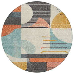 HomeRoots 5' Gray Gold and Salmon Geometric Area Rug - Stylish, Washable, Durable for Indoor and Outdoor Use 8' Round 617982